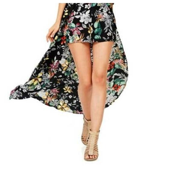 A. Calin Black Floral Stretch Shorts Romper w/ Open Front Maxi Overlay Dress L - Picture 3 of 11